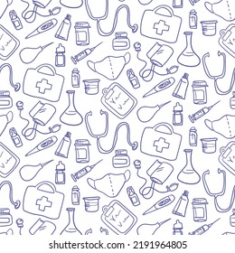 A pattern with medical instruments in the style of hand-sketching. Contour drawing of medical instruments. Background for printing on paper packaging, textiles.
