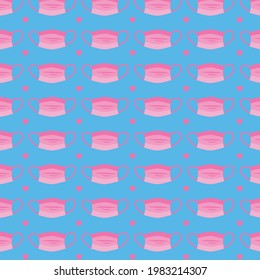Pattern with medical masks. Blue background with pink masks.