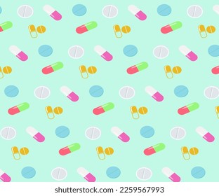 Patrón con píldoras y cápsulas médicas, ilustración plana vectorial