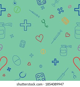 Pattern with a medical theme on a green background, can be used for fabric, background, medical mask, postcards