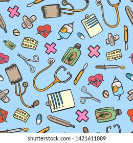 pattern medicine doodle color treatment pill equipment seamless background sketch