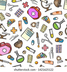 pattern medicine pharmacy doodle color sketch treatment pills equipment seamless background