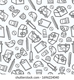 pattern medicine prick outline thermometer pills hospital doctor mask stroke doodle sketch vector background seamless illustration