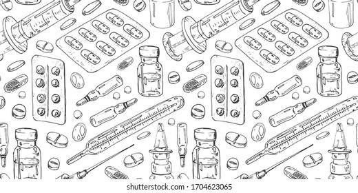 Pattern of medicines, drops and tablets. Medical supplies: a syringe and a thermometer. Freehand drawing in vector format. 