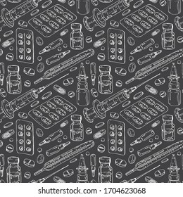 Pattern of medicines, drops and tablets. Medical supplies: a syringe and a thermometer. Freehand drawing in vector format. 