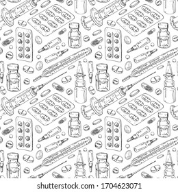 Pattern of medicines, drops and tablets. Medical supplies: a syringe and a thermometer. Freehand drawing in vector format. 