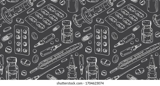 Pattern of medicines, drops and tablets. Medical supplies: a syringe and a thermometer. Freehand drawing in vector format. 