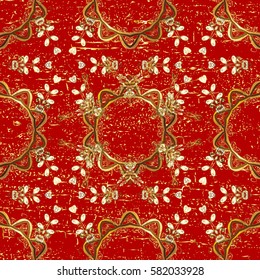 Pattern medieval floral royal pattern. Decorative symmetry arabesque. Vector illustration. Gold on red background. Good for greeting card for birthday, invitation or banner.