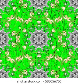 Pattern medieval floral royal pattern. Decorative symmetry arabesque. Gold on green background. Good for greeting card for birthday, invitation or banner. Vector illustration.