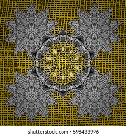Pattern medieval floral royal pattern. Decorative symmetry arabesque. Good for greeting card for birthday, invitation or banner. Vector illustration. Gold on yellow background.