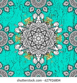 Pattern medieval floral royal pattern. Decorative symmetry arabesque. Vector illustration. Gold on blue background. Good for greeting card for birthday, invitation or banner.