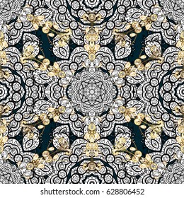 Pattern medieval floral royal pattern. Decorative symmetry arabesque. Good for greeting card for birthday, invitation or banner. Vector illustration. Gold on blue background.