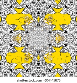 Pattern medieval floral royal pattern. Ornamental on yellow background. Vector illustration. Good for greeting card for birthday, invitation or banner. Decorative symmetry arabesque.