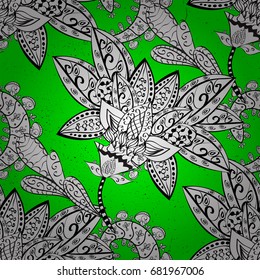 Pattern medieval floral royal pattern. White on green and white background. Vector illustration. Good for greeting card for birthday, invitation or banner. Decorative symmetry arabesque.
