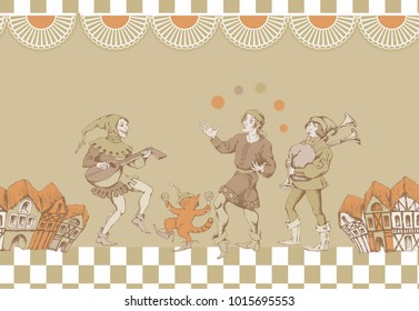 Pattern. Medieval jugglers. Vector illustration. Egraved style