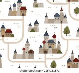 Pattern in the medieval style of paths, trees and castles. Vector illustration. Can be used for printing on paper and fabric for children, for postcards, packaging and wallpapers in a folk style.