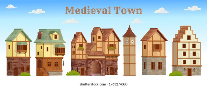 pattern of medieval town. Old city street with chalet style houses. Vector illustration in cartoon style.