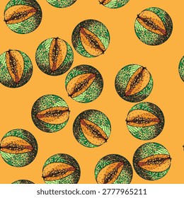 pattern melon cantaloupe hand drawn vector. food fruit, green orange, sweet cut, fresh vegetable, ripe slice, sliced japanese, honey melon cantaloupe sketch illustration