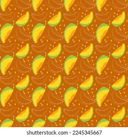 Pattern with melon slices. Ripe fruit harvest. Vector over brown background. For fabric, textile, clothing, packaging, covers and brochures.