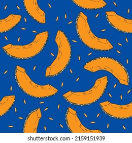 Pattern with melon  slices and seeds on dark blue background