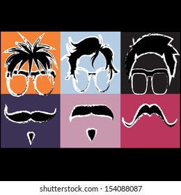 pattern of men's accessories, glasses, mustache and hair, colored squares background posters.