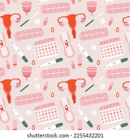 Muster der Menstruationszeitpunkte. Feminine intime Hygieneprodukte. handgezeichnete Vektormaskotte kawaii-Illustration