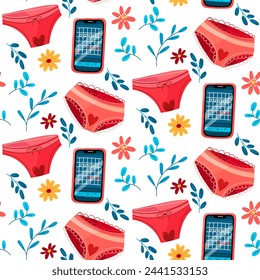 Patrón de menstruación, almohadillas, copa menstrual, píldoras, teléfono, bragas, calendario con flores. Concepto del ciclo menstrual regular de una mujer. Período menstrual, menstruación, síndrome premenstrual, vector