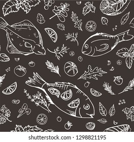 
The pattern for the menu of restaurants and cafes. Seafood, vegetables and spices and fish. Craft menu.