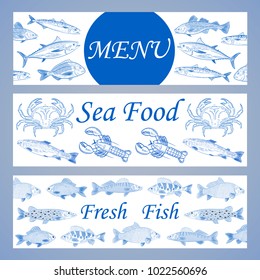 Pattern "Menu, Sea food, fresh fish" on a blue background . Sketch of popular marine fish tuna, dorado, mackerel, cod, salmon and river fish pike, crucian, pikeperch, perch, carp, and lobster,crab.