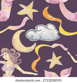 Patrón con sirena, luna nublada y estrellas. Estilo mosaico. Dibujado a mano y colocado piezas de azulejos. Colores pastel, frescos y originales. Vector.
