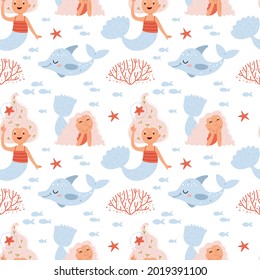 Pattern of mermaids and dolphins.Summer pattern about the underwater world in pink colors. Illustration for children's book.