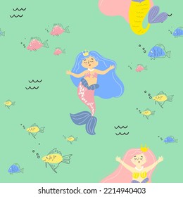 Pattern with mermaids and fish on a green background