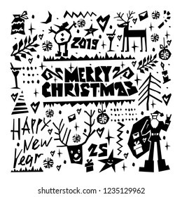Pattern with merry christmas elements and lettering. Texture for season winter design. For Christmas banner.