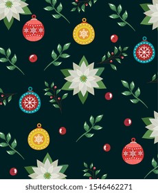 pattern of merry christmas with flowers and balls decorative vector illustration design