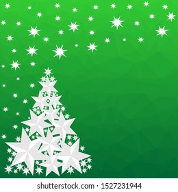 Pattern for Merry Christmas and Happy New Year made of triangles.  Green polygon background with Christmas tree made of stars.
