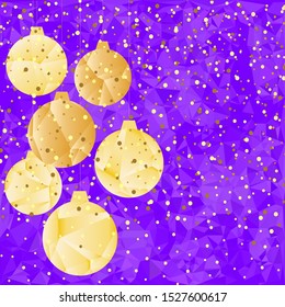 Pattern for Merry Christmas and Happy New Year made of triangles.  Purple polygon background with golden balls and confetti.