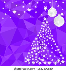 Pattern for Merry Christmas and Happy New Year made of triangles.  Purple polygon background with balls and Christmas tree made of stars.