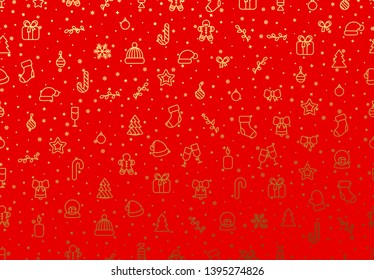 Pattern Merry Christmas red background with Xmas Golden objects, linear style design elements.