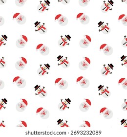 Padrão de um Papai Noel alegre e um boneco de neve em um chapéu em um fundo branco. Ilustração para tecido e embalagem de presente.
