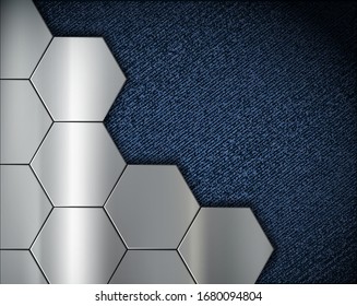 Pattern of metal plates on blue denim fabric. Vector background