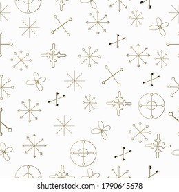 Pattern of metal snowflakes, silver and golden, color winter symbol isolated on white background. Geometric snowflakes.
