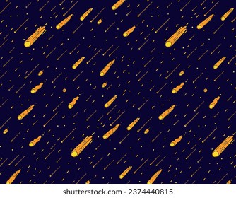 Pattern of meteor shower, singing stars on a blue background. Seamless space, print for textiles, packaging design. Space vector