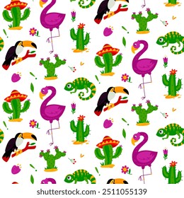 patrón de animales mexicanos y cactus. Flamencos, camaleones, tucanes y cactus, flores y bayas están floreciendo en sombreros. Textura plana de color, dibujado a mano. Elementos brillantes en texturas sin costuras