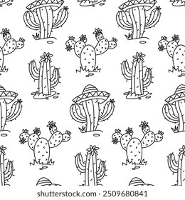 padrão de cactos mexicanos é um rabiscar preto. Muitas plantas espinhosas florescem em um chapéu sombrero. Textura sem costura desenhada à mão com cactos floridos. Elementos contrastantes têxteis do deserto