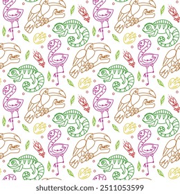 pattern with Mexican contoured animals, birds and a lizard. Flamingos, chameleon, toucan, as well as flowers and berries of plants. flat colored texture, applied by hand with bright colors. seamless