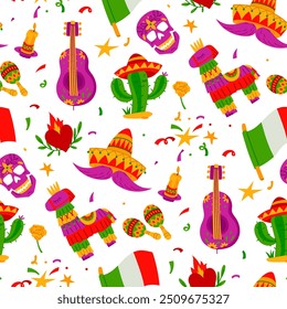 El patrón de motivos mexicanos es calavera, flores, la bandera de México, corazón, pinata, sombrero con bigote, maracas, guitarra, velas, fuegos artificiales. Embalaje para unas vacaciones mexicanas, fiesta. Textura plana y brillante