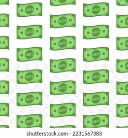 Pattern of Mexican Peso banknotes on transparent background with mini doodle (icon) and green color. Vector Illustration