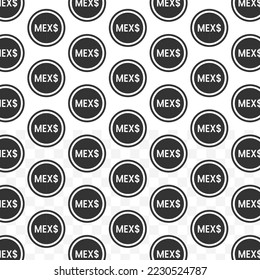 Pattern of Mexican Peso coin in white background with mini doodle (icons). Vector Illustration