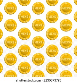 Pattern of Mexican Peso coins on transparent background with mini doodle (icons) and gold color. Vector Illustration