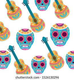 pattern of mexican skull with guitar icon vector illustration design